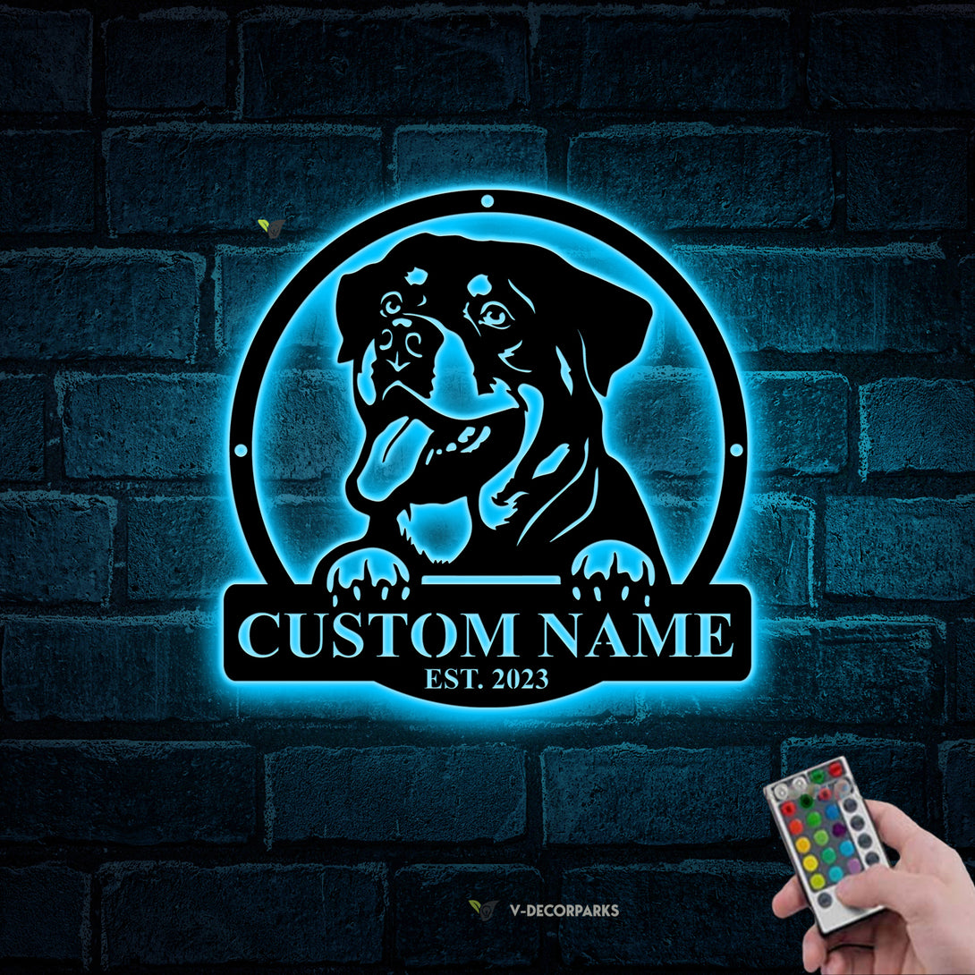 Personalized Rottweiler Dog Metal Sign Led Lights, Custom Rottweiler Dog Metal Wall Hanging, Rottweiler Dog House Metal Led Sign Home Decor