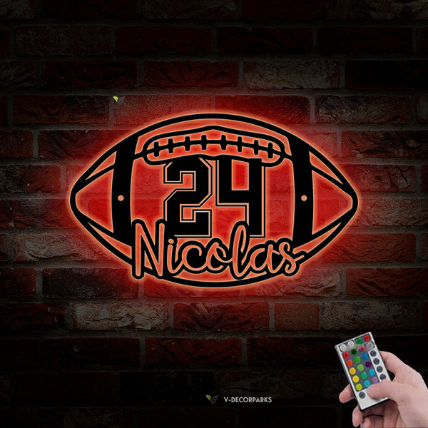 Personalized American Football Metal Wall Art Led Light, Custom Name & Number Football Player Metal Sign, Football Sport Metal Kids Room Decor