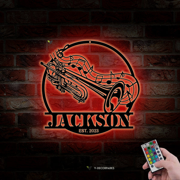 Custom Trumpet Musical Instrument Metal Wall Art Led Lights, Personalized Trumpet Player Metal Name Sign, Trumpet Music Room Metal Led Sign Decor
