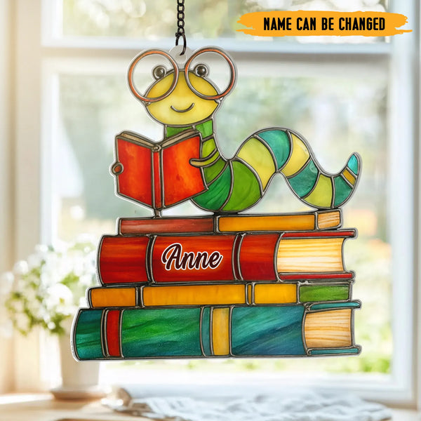 Personalized Cute Bookworm Suncatcher - Fun Window Decoration for Kids, Teachers & Book Lovers