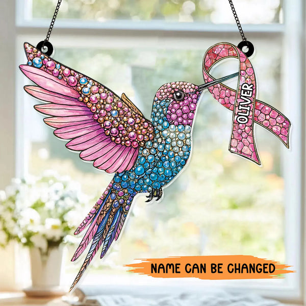 Breast Cancer Awareness Hummingbird With Pink Ribbon Suncatcher