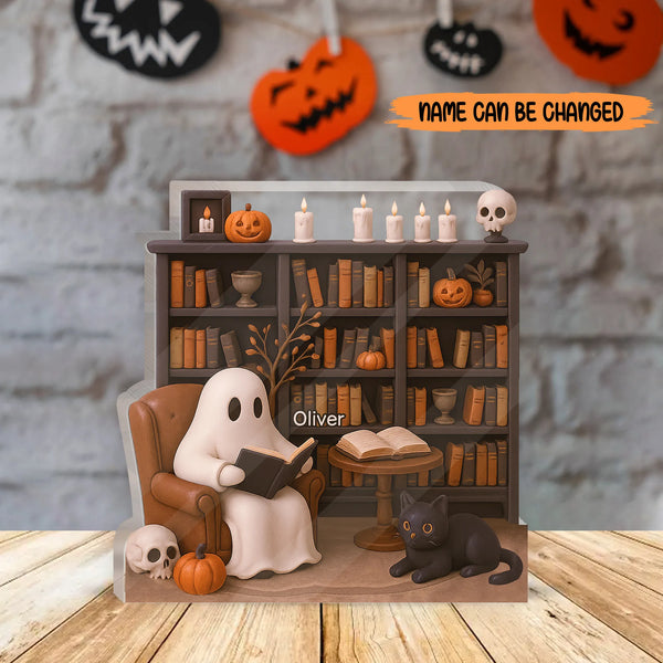 Custom Halloween Acrylic Plaque – Ghost Reading Book Design, Personalized Gift for Readers
