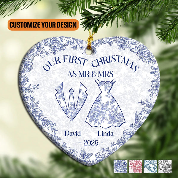 Our First Christmas As Mr. & Mrs. - Personalized Heart Shaped Ceramic Ornament, Personalized Wedding Holiday Decoration, First Married Christmas Gift