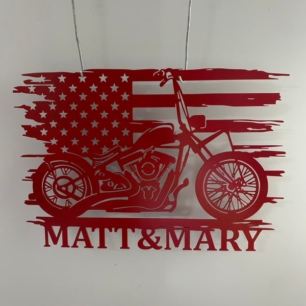Custom Us Flag Motorcycle Metal Wall Art, Motor Garage Metal Name Sign, Personalized Biker Name Metal Sign, Motorcycle Garage Man Cave Wall Sign
