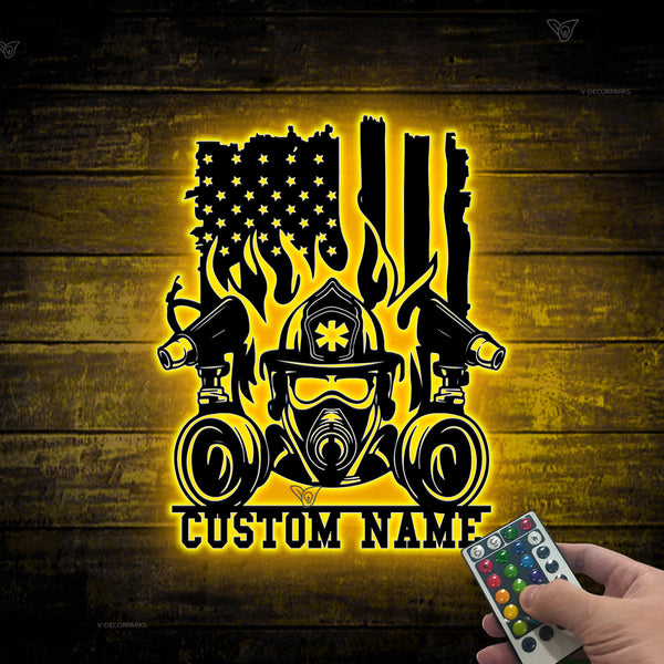 Custom Us Flag Firefighter Metal Wall Art Led Light, Personalized Fd Fireman Name Sign Home Decor, First Responder Metal Wall Hanging Sign