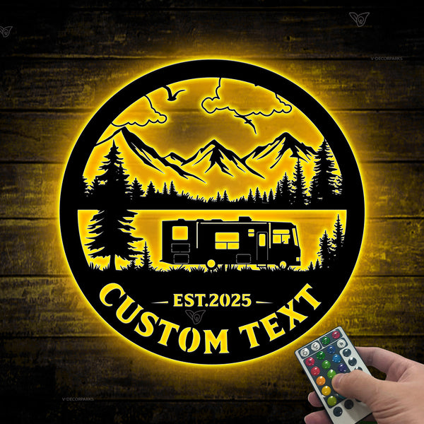 Custom Camper Rv Mountain Camping Metal Sign Led Lights, Mountain Lakeside Camping Metal Wall Art, Mountain Camping Outdoor Metal Sign Cabin Decor