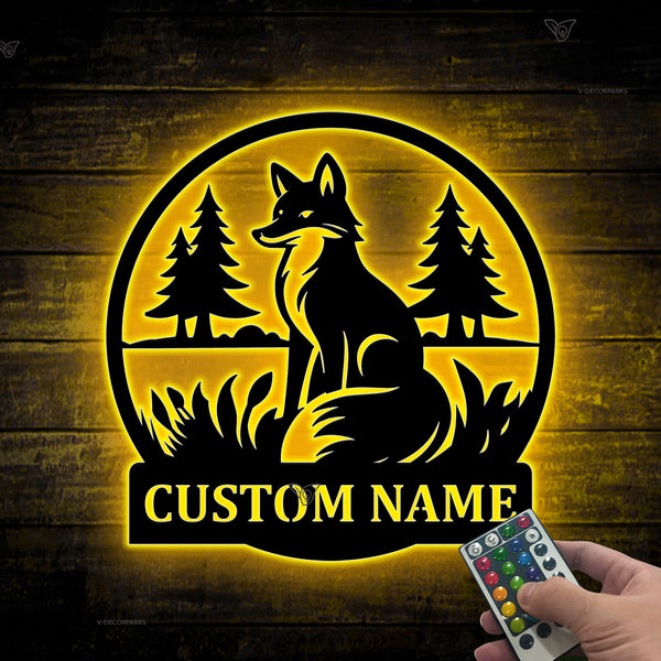 Custom Name Wild Fox Metal Sign With Led Lights, Personalized Fox Monogram Metal Name Sign, Wild Fox Metal Wall Art Cabin Man Cave Decor