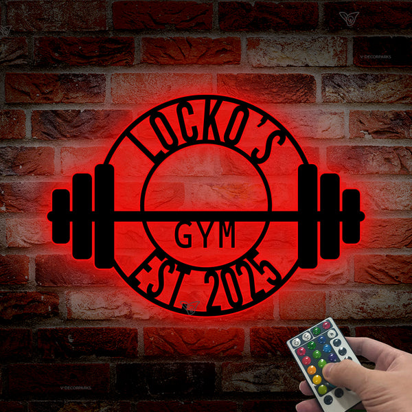 Personalized Name Metal Barbell Gym Sign Led Lights, Custom Gym Weightlifting Workout Metal Wall Art, Powerlifting Gym Fitness Metal Wall Decor