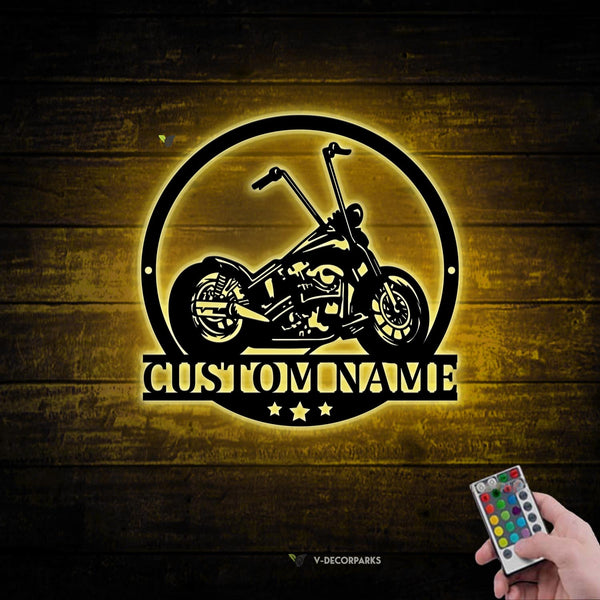 Custom Name Motorcycle Metal Sign With Led Lights, Personalized Motorbike Metal Wall Art, Motorcycle Garage Metal Wall Hanging Decor