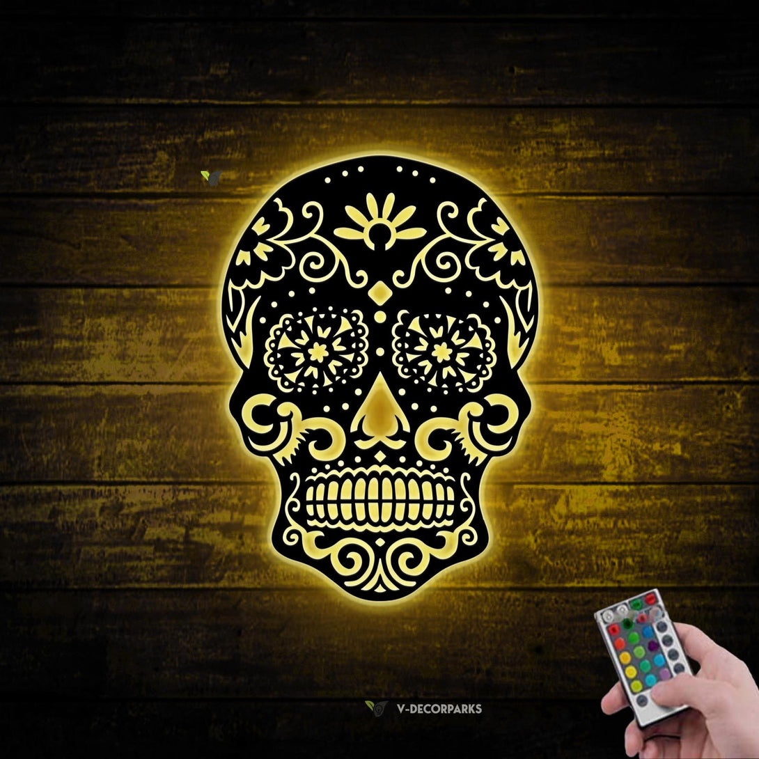 Sugar Skull Metal Wall Art With Led Lights, Day Of The Dead Skull Metal Sign Home Decor, Dia De Los Muertos Skull Metal Art, Sugar Skull Metal Sign