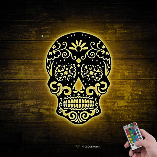 Sugar Skull Metal Wall Art With Led Lights, Day Of The Dead Skull Metal Sign Home Decor, Dia De Los Muertos Skull Metal Art, Sugar Skull Metal Sign