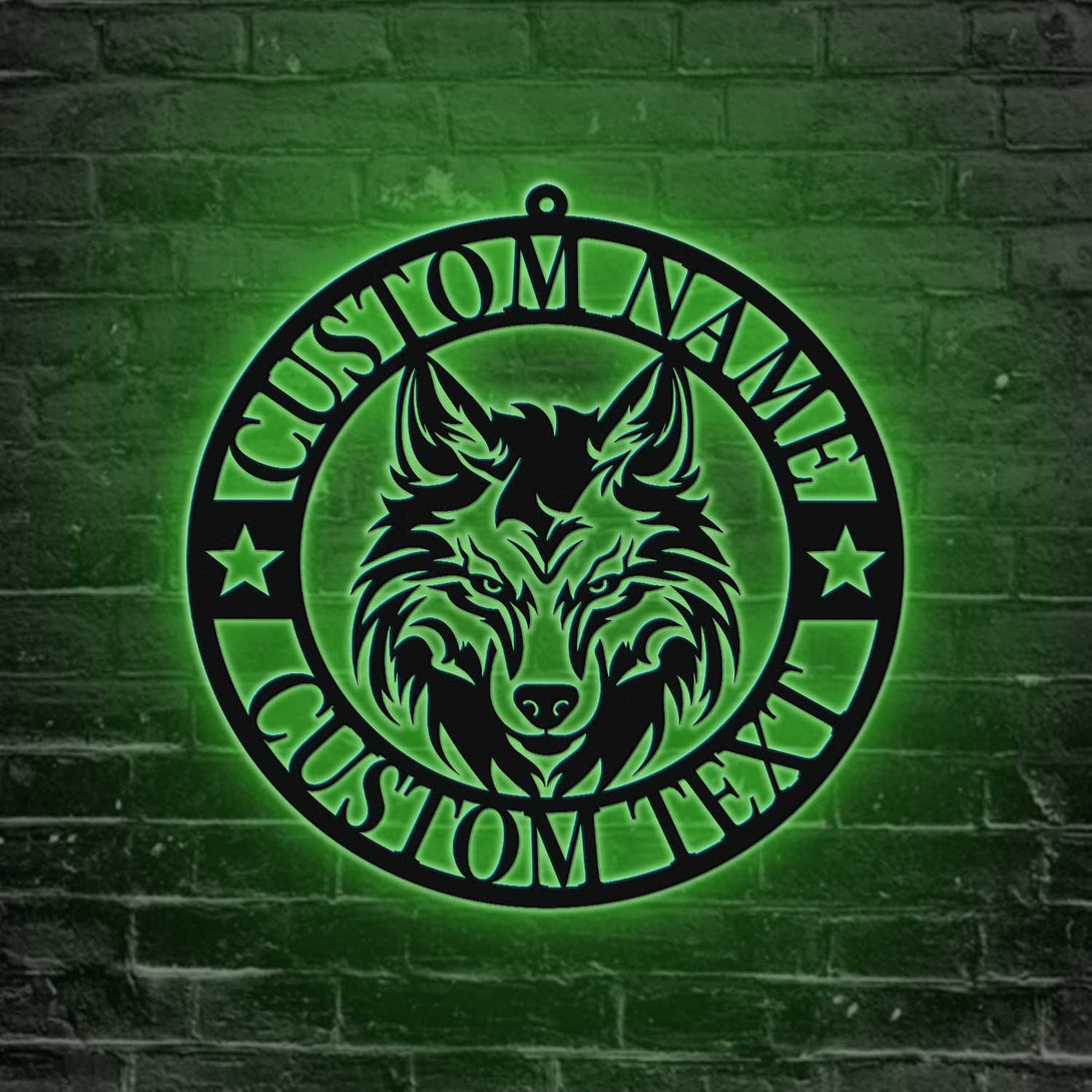 Custom Awesome Wolf Monogram Metal Sign With Led Lights, Personalized Wolf Head Metal Wall Art, Howling Wolf Metal Sign Home Decor