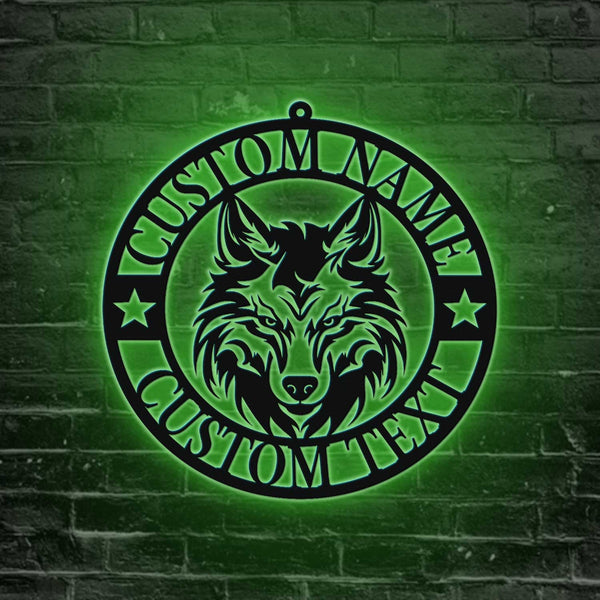 Custom Awesome Wolf Monogram Metal Sign With Led Lights, Personalized Wolf Head Metal Wall Art, Howling Wolf Metal Sign Home Decor