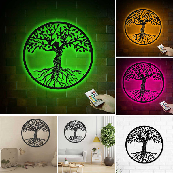 Tree Of Life Metal Wall Art With Led Lights, Tree Of Life Metal Sign Wall Hanging Home Decor, Tree Of Life Yoga Room Metal Decor