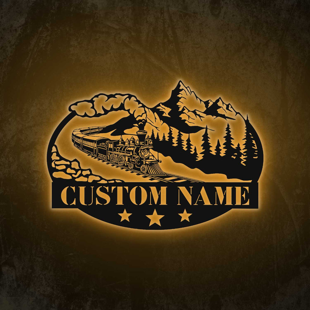 Custom Steam Train Forest Mountain Scene Metal Sign Led Lights, Personalized Train Driver Name Sign, Steam Locomotive Railroad Metal Wall Sign