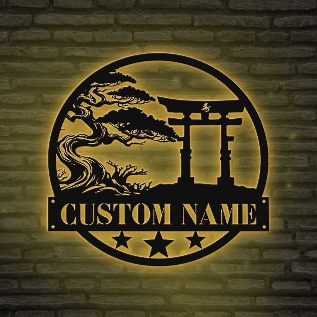 Personalized Bonsai Torii Gate Metal Wall Art With Led Lights, Torii Gate With Bonsai Tree Metal Sign, Japanese Architecture Metal Home Decor