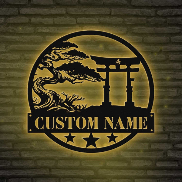 Personalized Bonsai Torii Gate Metal Wall Art With Led Lights, Torii Gate With Bonsai Tree Metal Sign, Japanese Architecture Metal Home Decor