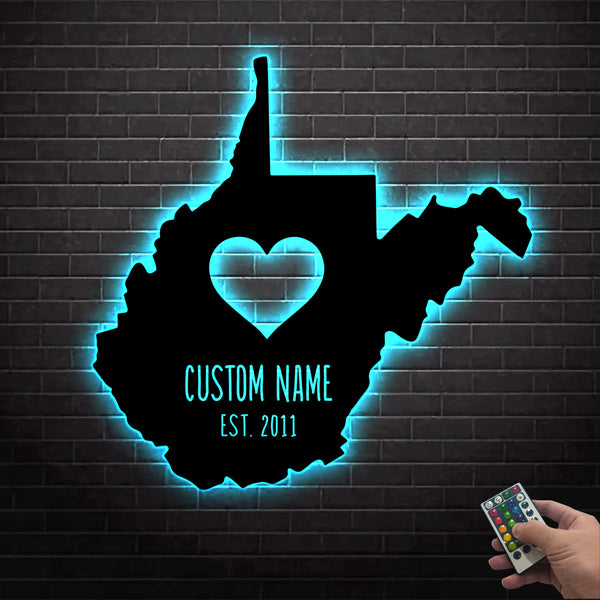 Custom West Virginia State Metal Wall Art With Led Lights, Personalized West Virginia Map Metal Name Sign, Born In West Virginia Metal Home Decor