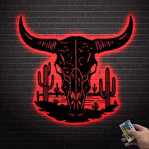 Cow Skull Desert Metal Wall Art With Led Lights, Boho Buffalo Longhorn Metal Sign Wall Hanging Decor, Cow Skull Metal Sign Housewarming Decor