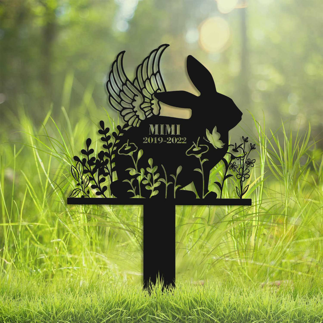 Custom Rabbit Angel Wings Memorial Garden Stake, Flowers Bunny With Wings Remembrance Metal Stake, Pet Loss Metal Grave Marker, Pet Sympathy Sign