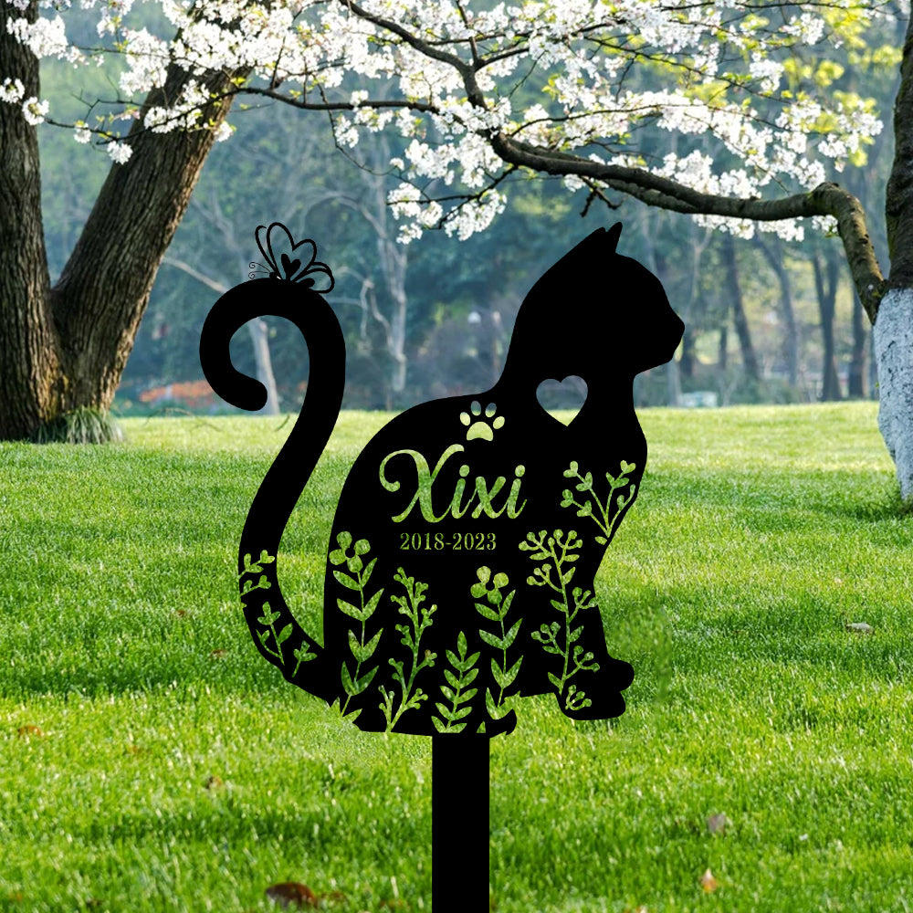 Custom Floral Cat Memorial Garden Stake, Personalized Cat Loss Memory Metal Yard Sign, Flower Cat Memorial Sympathy Sign, Pet Grave Markers