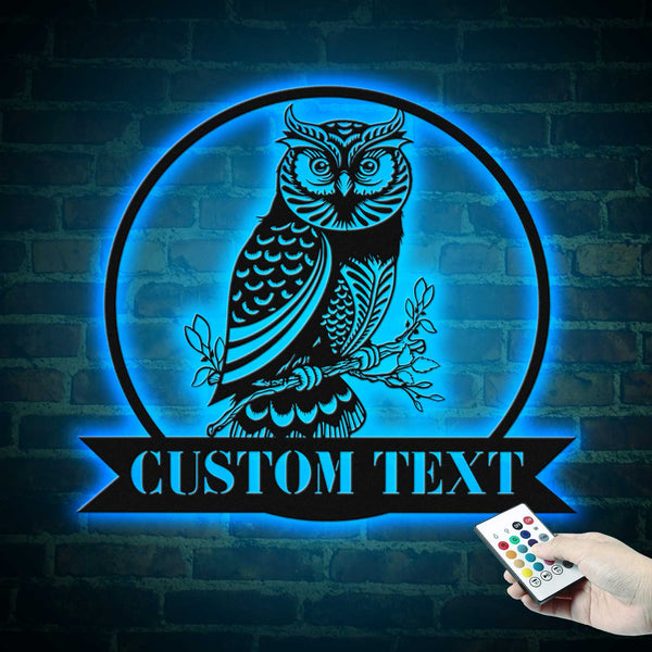 Personalized Name Owl Metal Sign With Led Lights, Owl Bird On Branch Metal Wall Art, Custom Owl Metal Wall Hanging Sign Home Decor