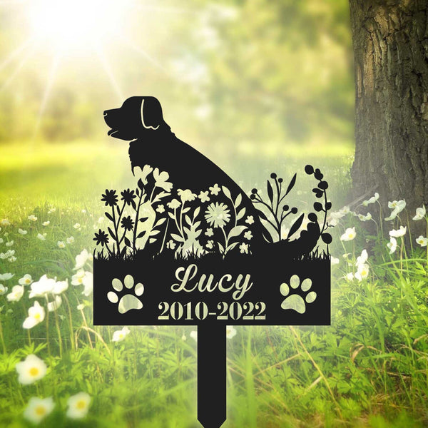 Personalized Floral Dog Memorial Plaque Metal Garden Stake, Dog With Flowers Metal Yard Stake, Floral Dog Grave Marker, Pet Loss Remembrance Stake