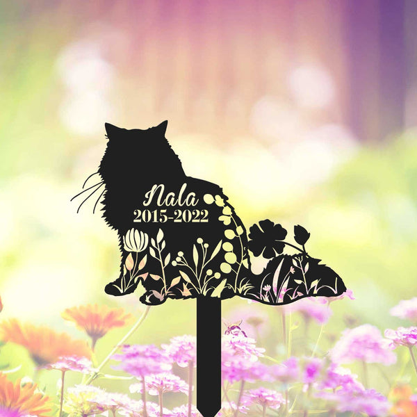 Custom Fluffy Cat Memorial Plaque Metal Garden Stake, Cat With Flowers Metal Yard Stake, Floral Cat Grave Marker, Pet Loss Remembrance Stake
