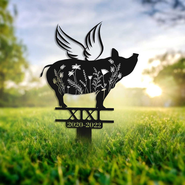 Personalized Pig With Wings Memorial Metal Stake, Floral Pig Memorial Metal Garden Stake, Pet Metal Grave Marker, Pet Loss Remembrance Stake