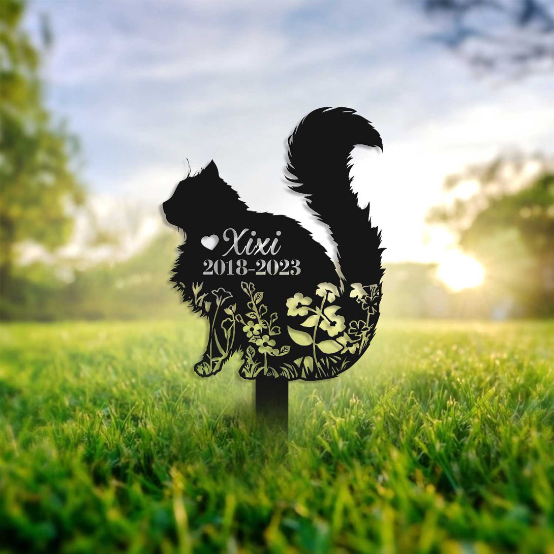 Personalized Fluffy Cat Memorial Plaque Metal Garden Stake, Flowers Cat Metal Yard Stake, Floral Cat Grave Marker, Pet Loss Remembrance Stake
