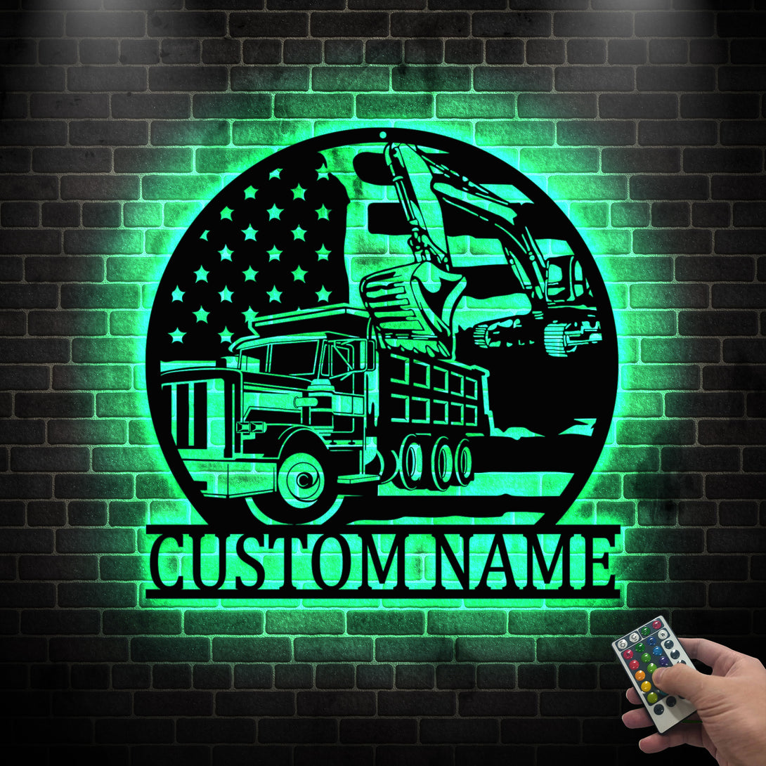 Custom Us Dump Truck With Excavator Metal Sign Led Lights, Custom Name Construction Truck Driver Metal Sign, Construction Vehicles Metal Wall Art