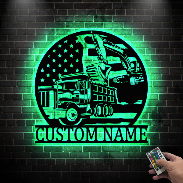 Custom Us Dump Truck With Excavator Metal Sign Led Lights, Custom Name Construction Truck Driver Metal Sign, Construction Vehicles Metal Wall Art