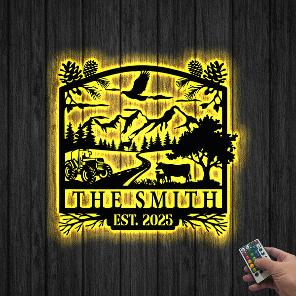 Personalized Wildlife Outdoor Farm Metal Sign With Led Lights, Custom Metal Ranch Name Sign, Mountain Farm Scene Metal Wall Art
