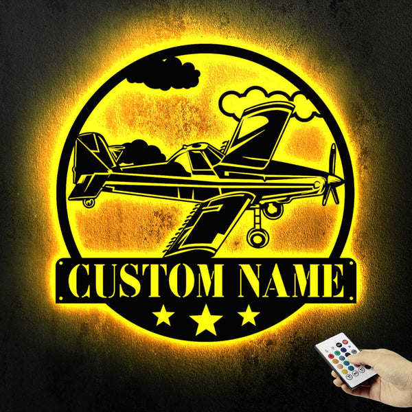 Custom Name Single Prop Airplane Metal Sign Led Lights, Personalized Pilot Metal Name Sign, Aviation Metal Wall Decor, Aircraft Hangar Metal Sign