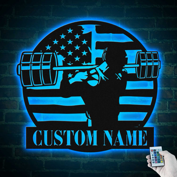 Custom Us Powerlifting Workout Metal Wall Art Led Lights, Personalized Deadlift Barbell Metal Name Sign, Bodybuilding Gym Fitness Metal Sign