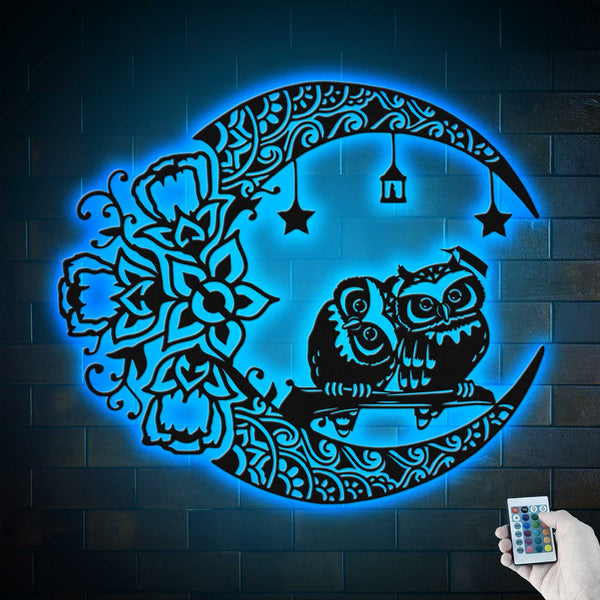 Couple Owl On Crescent Moon Metal Wall Art With Led Lights, Owls On Mandala Moon Metal Sign Home Decor, Owl Lover Metal Housewarming Sign