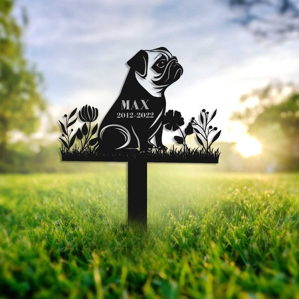 Personalized Pug Dog With Flowers Memorial Stake, Custom Pug Dog Remembrance Stake, Pet Loss Metal Grave Marker, Pet Memorial Sympathy Sign
