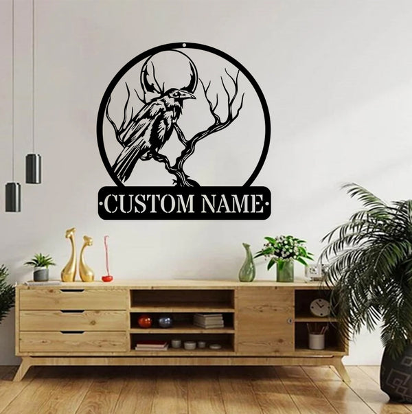 Custom Name Moon Raven On Branch Metal Wall Art, Personalized Raven Metal Name Sign, Metal Black Crow Moon Wall Art, Raven Birds Sign Home Decor
