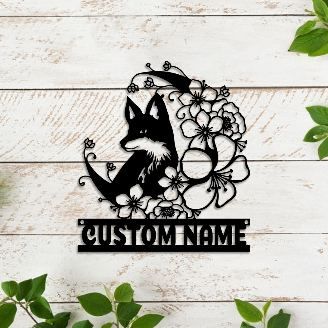 Custom Floral Crescent Moon Fox Metal Wall Art, Personalized Fox With Flowers Metal Name Sign, Wild Flowers Fox Animal Lover Metal Wall Home Decor