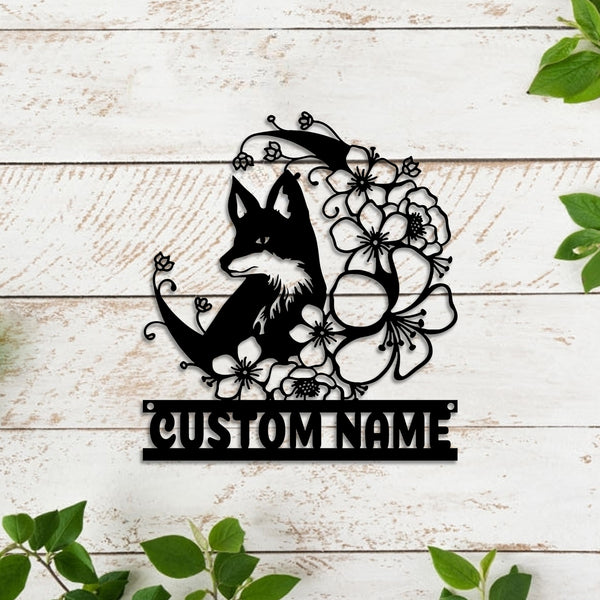 Custom Floral Crescent Moon Fox Metal Wall Art, Personalized Fox With Flowers Metal Name Sign, Wild Flowers Fox Animal Lover Metal Wall Home Decor