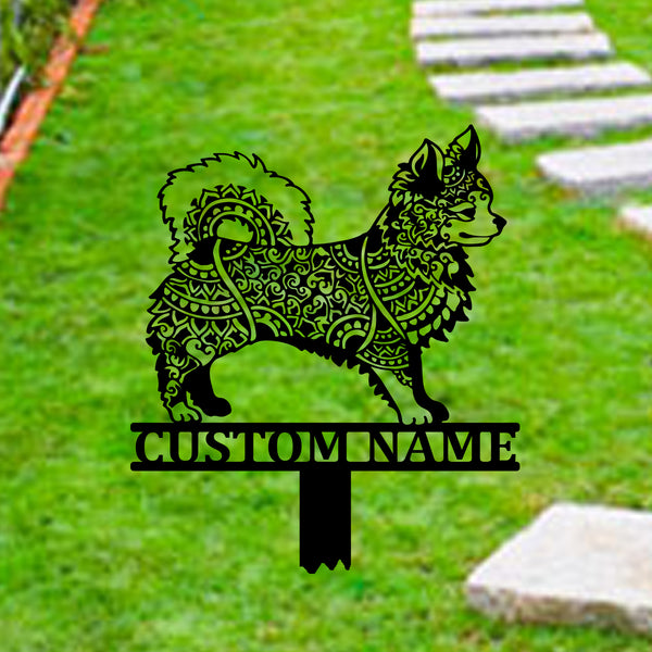 Custom Mandala Long Haired Chihuahua Metal Stake, Chihuahua Zentangle Metal Yard Sign, Chihuahua Dog Memorial Garden Stake, Pet Metal Grave Marker