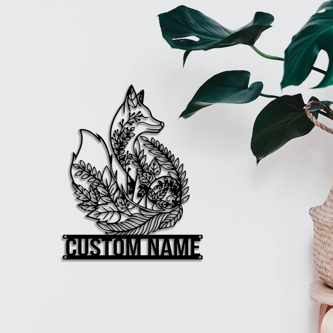 Custom Name Floral Fox Metal Wall Art, Metal Mandala Floral Fox Sign, Personalized Floral Fox Metal Name Sign, Fox Metal Wall Hanging Home Decor