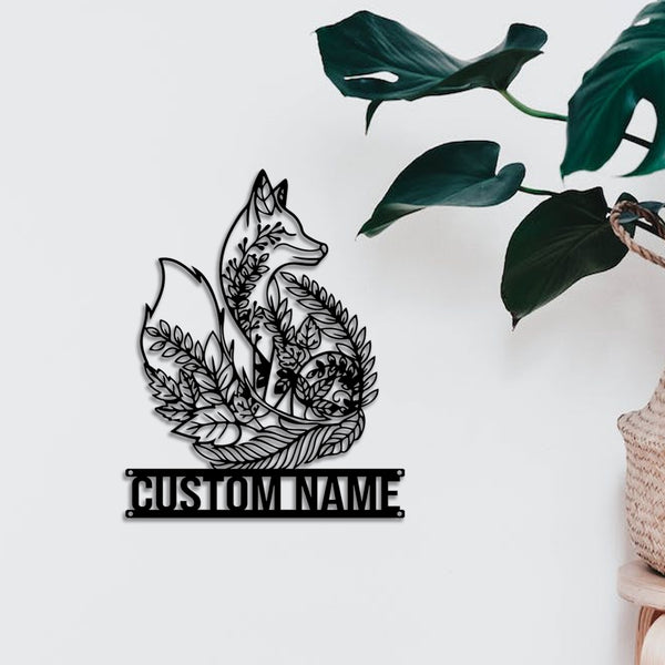 Custom Name Floral Fox Metal Wall Art, Metal Mandala Floral Fox Sign, Personalized Floral Fox Metal Name Sign, Fox Metal Wall Hanging Home Decor