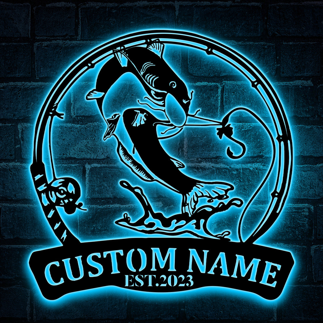 Custom Black Bullhead Catfish Metal Wall Art Led Lights, Personalized Fisherman Metal Name Sign, Black Bullhead Fishing Metal Cabin Outdoor Decor