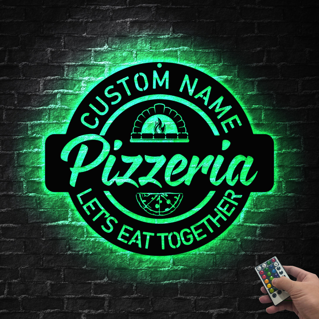 Custom Pizzeria Metal Sign With Led Lights, Pizza Shop Metal Home Kitchen Decor, Personalized Pizza Restaurant Name Sign, Business Logo Metal Sign