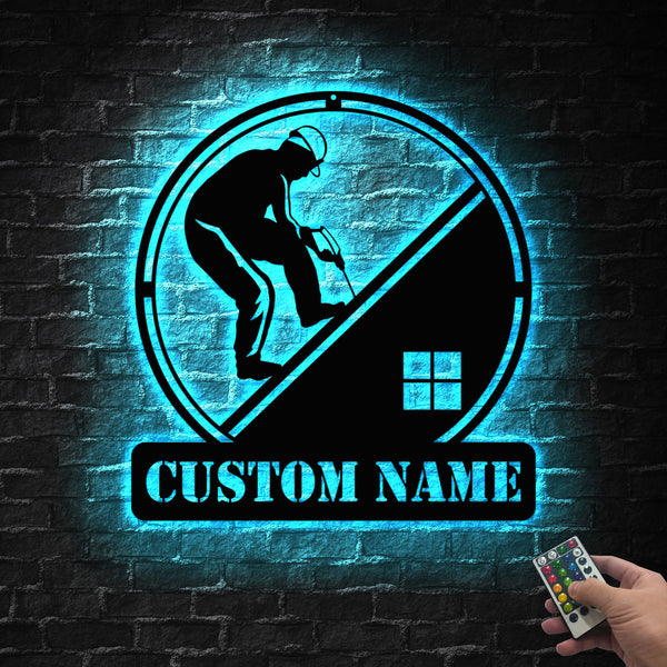 Personalized Name Roofer Metal Sign Led Lights, Custom Work Repairs Roofs Metal Wall Art Home Decor, Roofing Construction Led Metal Sign