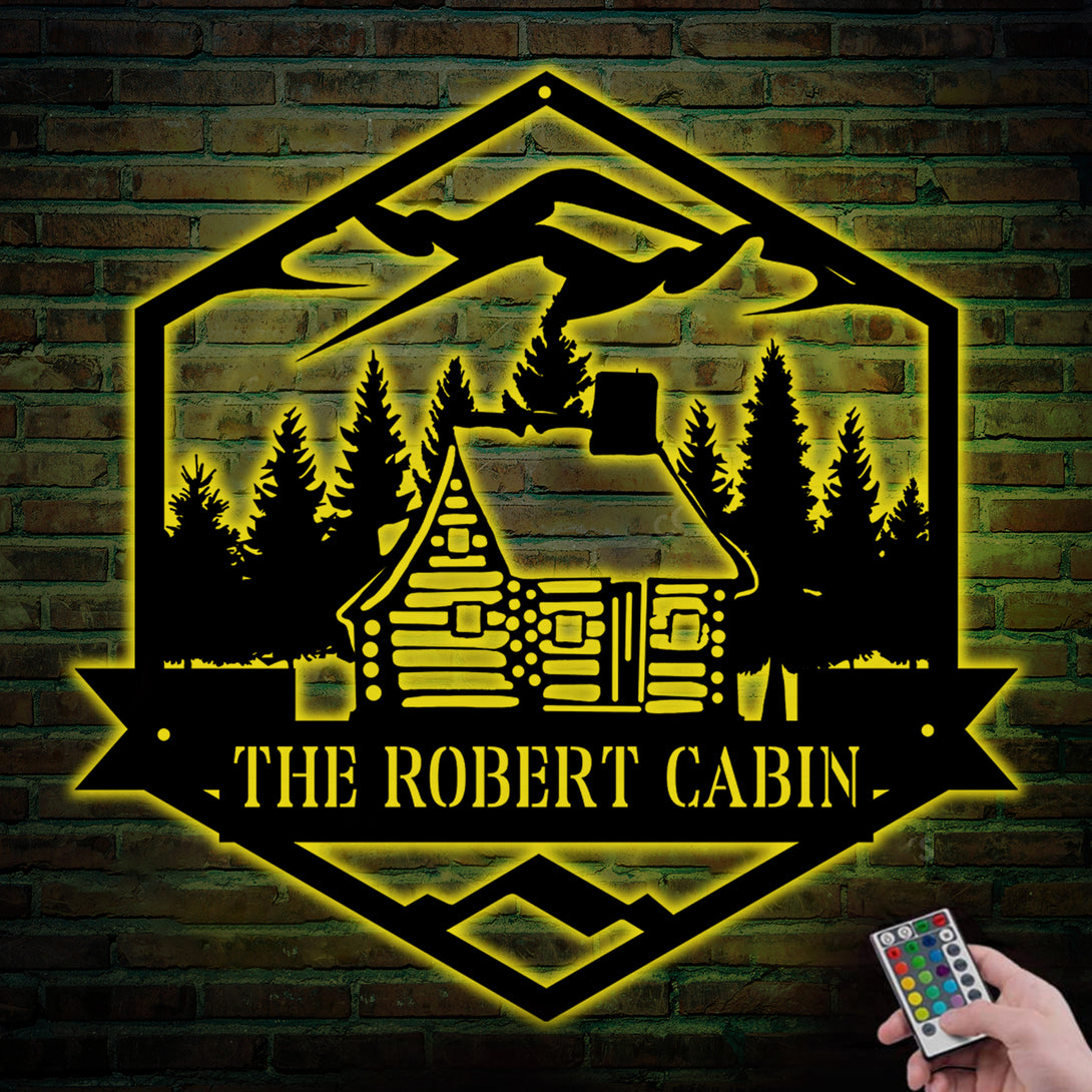 Personalized Cabin Man Cave Metal Sign With Led Lights, Custom Family Name Cabin Lodge Metal Sign, Outdoor Hunting Cabin Metal Wall Sign