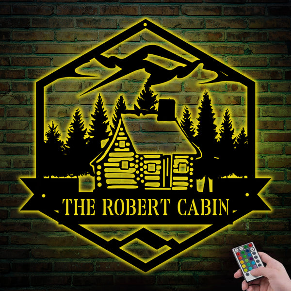 Personalized Cabin Man Cave Metal Sign With Led Lights, Custom Family Name Cabin Lodge Metal Sign, Outdoor Hunting Cabin Metal Wall Sign