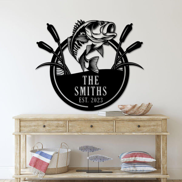 Custom Bass Fishing Metal Wall Art, Bass And Cattails Metal Sign, Personalized Fisher Metal Name Sign, Metal Bass Fishing Mancave Sign