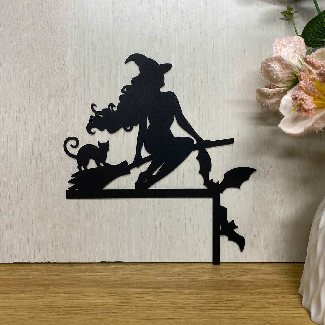 Witch With Cat And Broomstick Metal Door Topper, Wicked Witch Metal Door Corner Sign Halloween Decor, Halloween Door Corner Metal Hanging Sign
